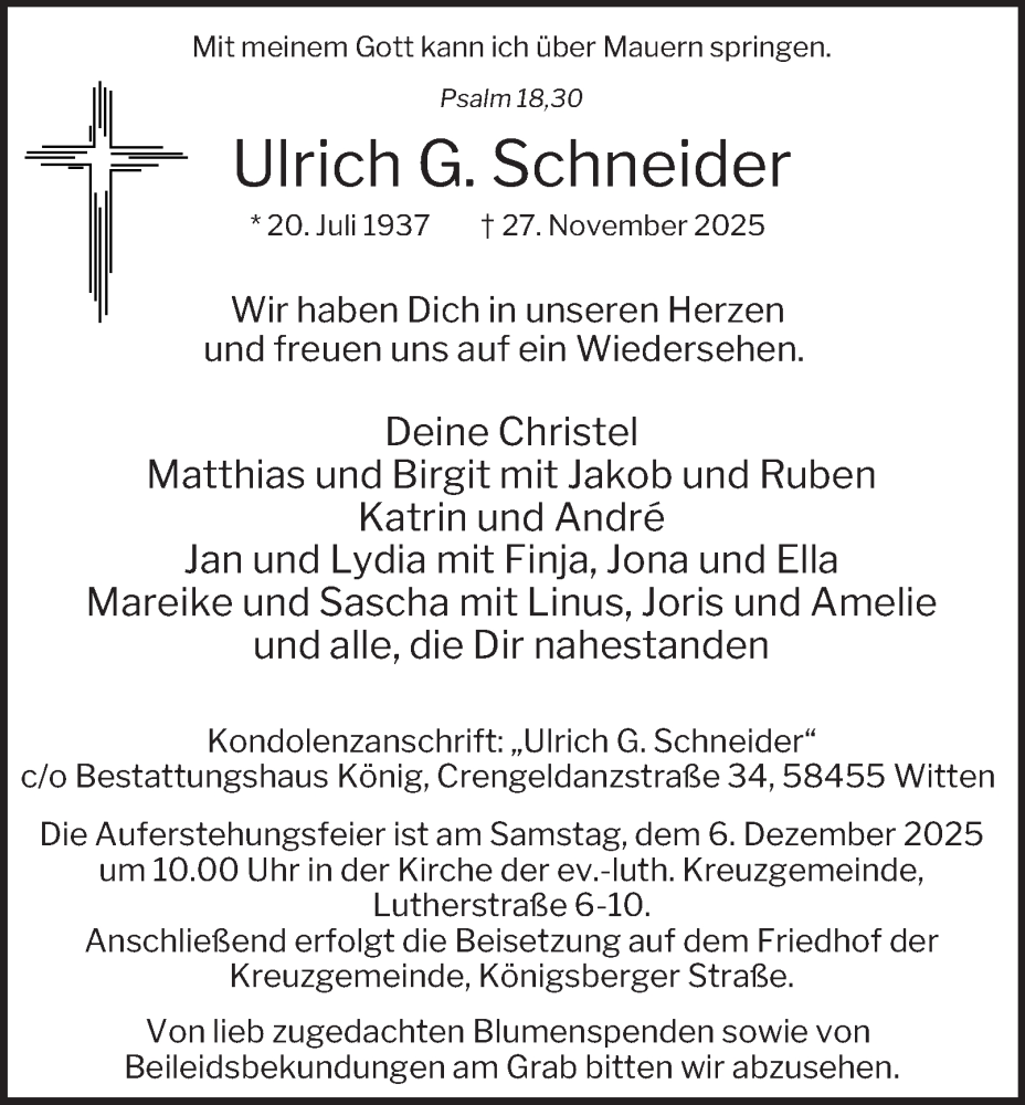  Traueranzeige für Ulrich G. Schneider vom 03.12.2025 aus Tageszeitung
