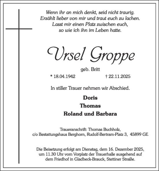 Traueranzeige von Ursel Groppe von Tageszeitung