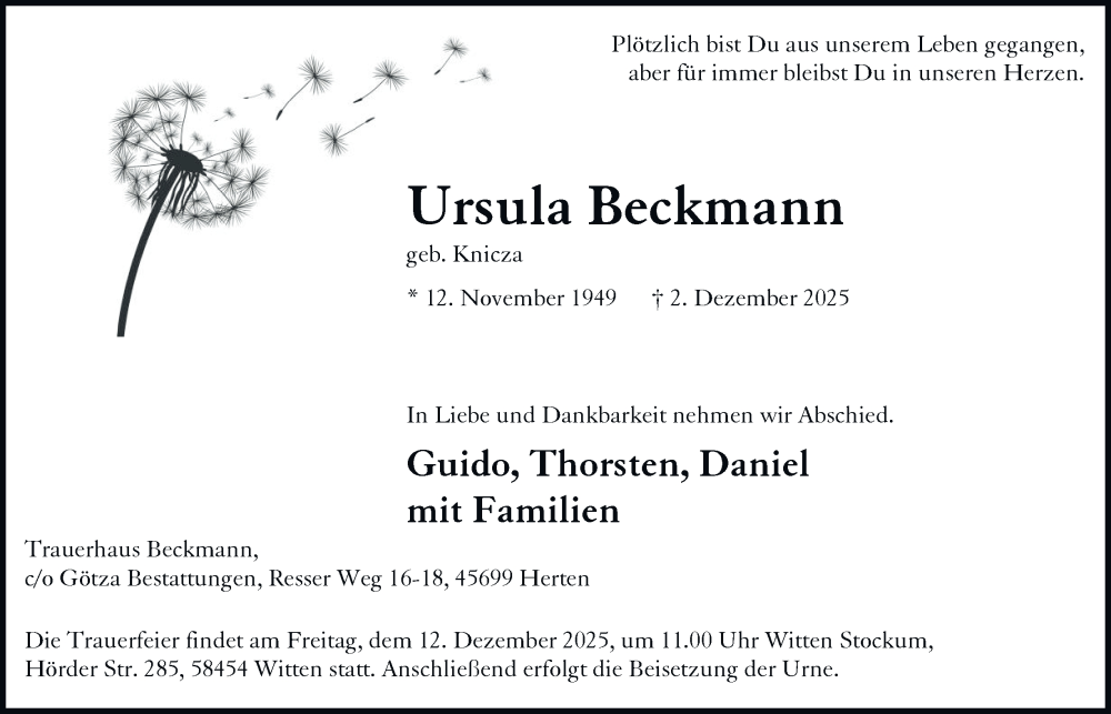  Traueranzeige für Ursula Beckmann vom 06.12.2025 aus Tageszeitung