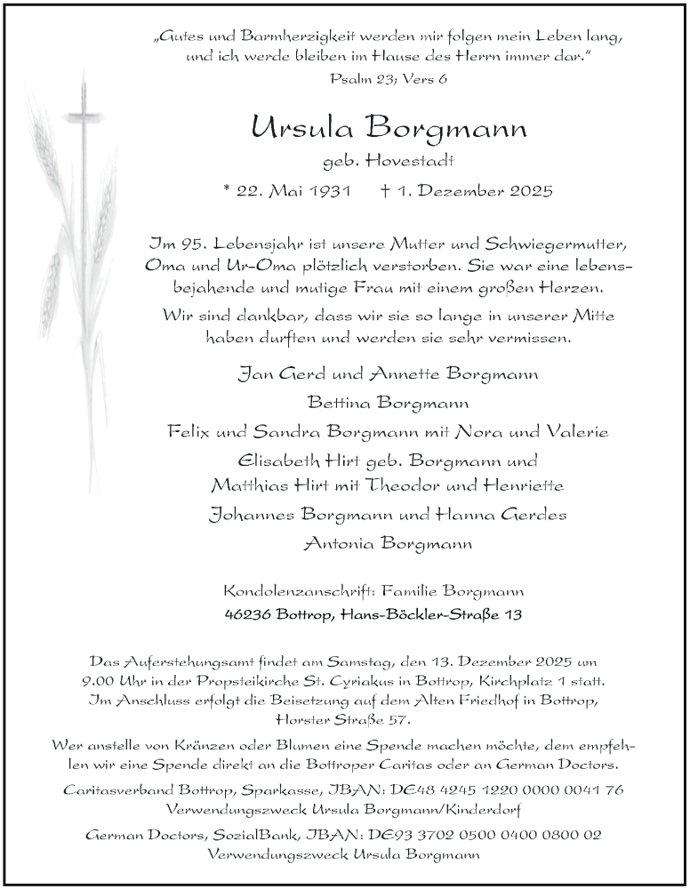  Traueranzeige für Ursula Borgmann vom 06.12.2025 aus Tageszeitung