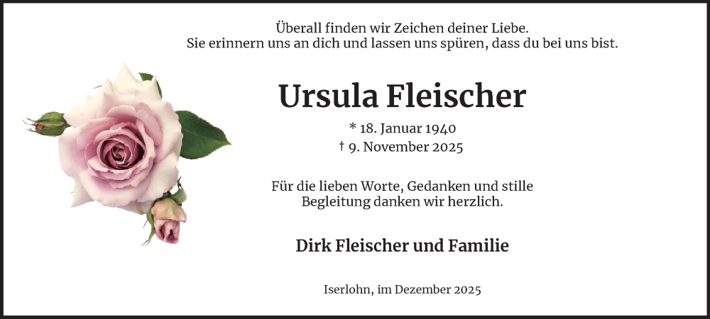 Traueranzeige für Ursula Fleischer vom 20.12.2025 aus Tageszeitung