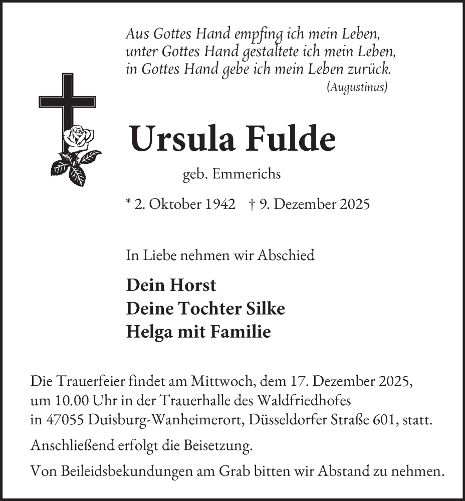  Traueranzeige für Ursula Fulde vom 13.12.2025 aus Tageszeitung