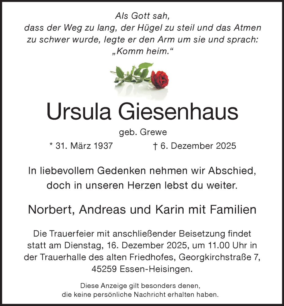  Traueranzeige für Ursula Giesenhaus vom 13.12.2025 aus Tageszeitung