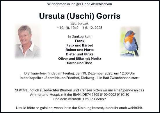 Traueranzeige von Ursula Gorris von Tageszeitung