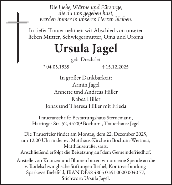 Traueranzeige von Ursula Jagel von Tageszeitung