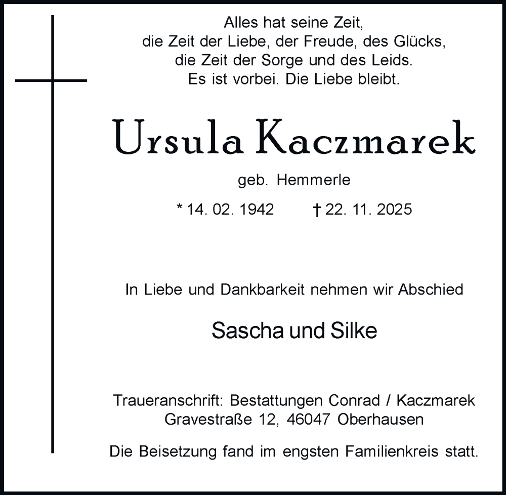  Traueranzeige für Ursula Kaczmarek vom 06.12.2025 aus Tageszeitung