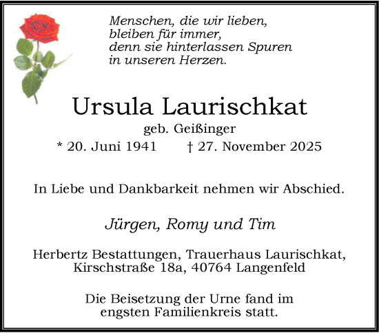 Traueranzeige von Ursula Laurischkat von Tageszeitung