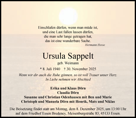 Traueranzeige von Ursula Sappelt von Tageszeitung