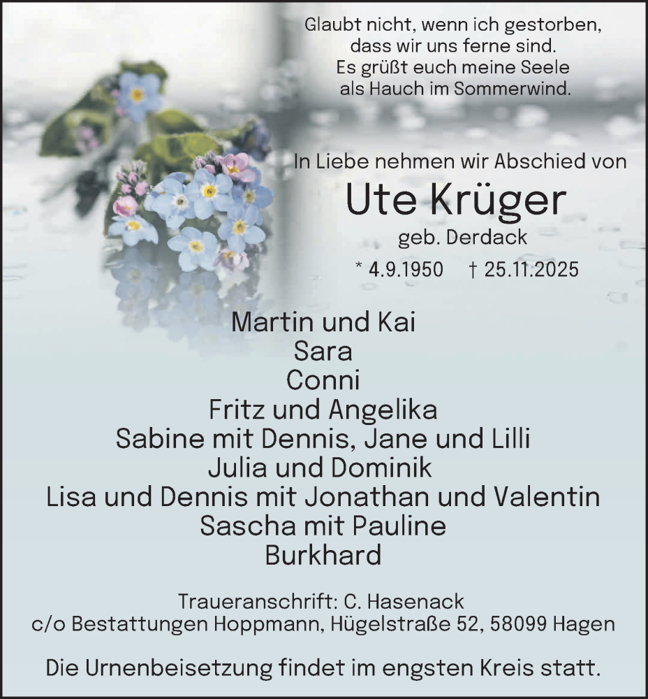  Traueranzeige für Ute Krüger vom 06.12.2025 aus Tageszeitung