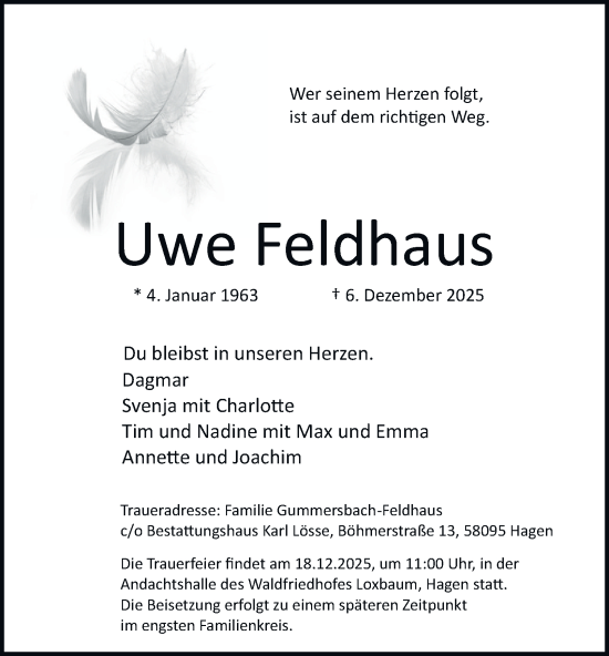 Traueranzeige von Uwe Feldhaus von Tageszeitung