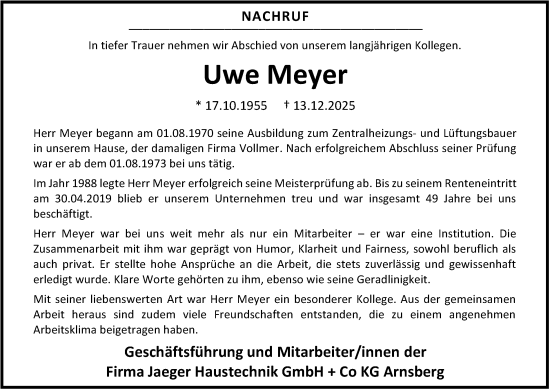 Traueranzeige von Uwe Meyer von Tageszeitung