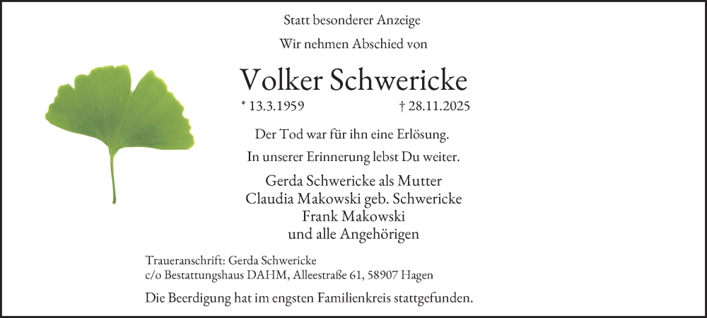  Traueranzeige für Volker Schwericke vom 13.12.2025 aus Tageszeitung