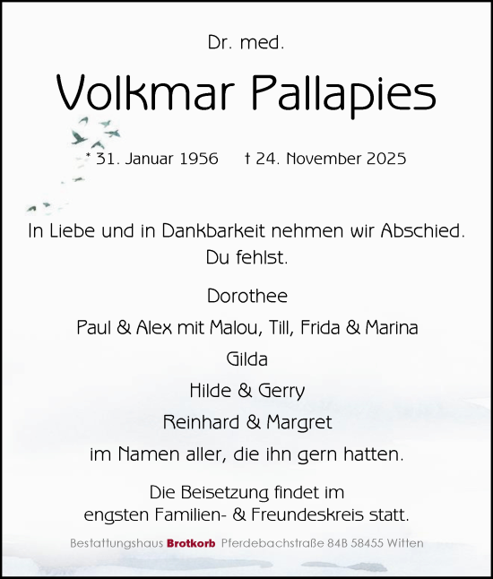 Traueranzeige von Volkmar Pallapies von Tageszeitung