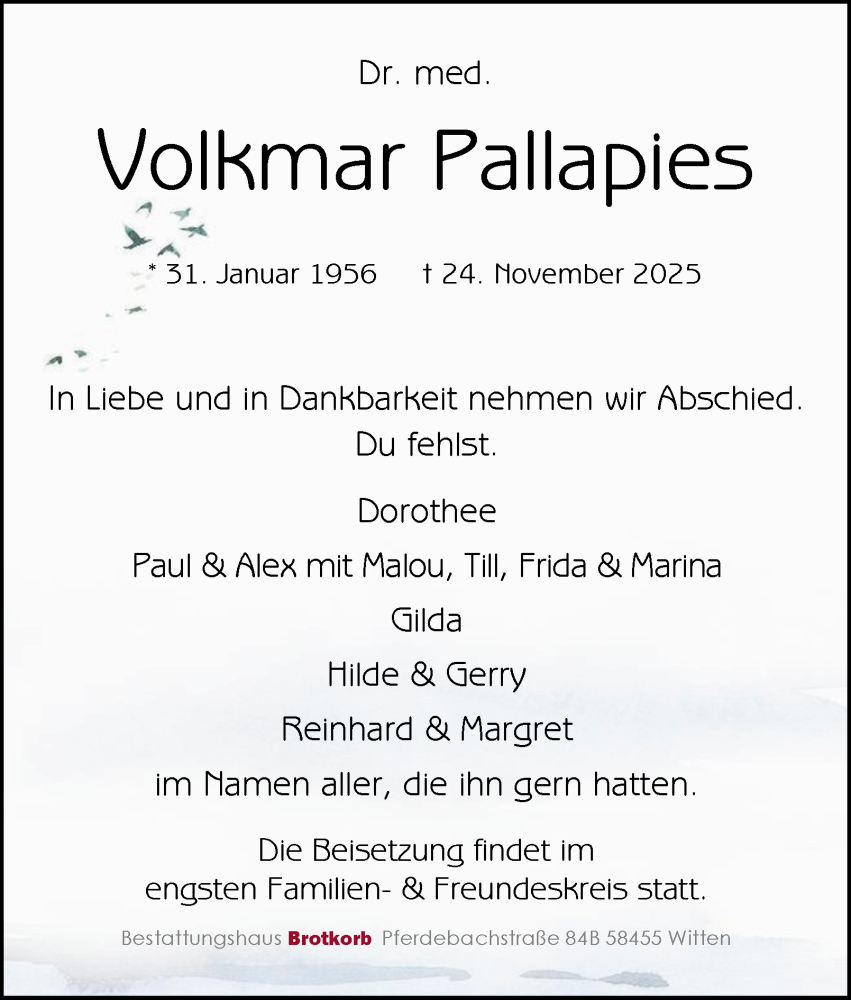  Traueranzeige für Volkmar Pallapies vom 06.12.2025 aus Tageszeitung