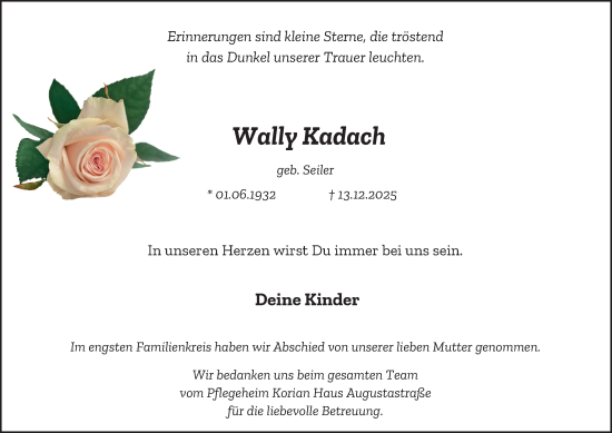Traueranzeige von Wally Kadach von Tageszeitung