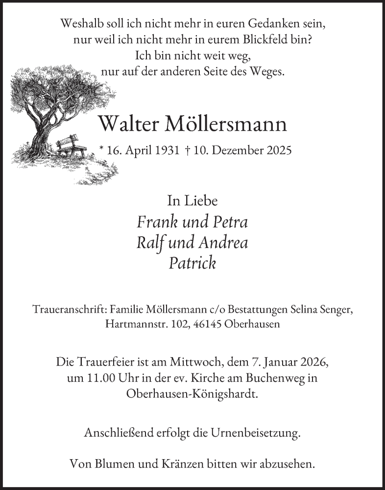 Traueranzeige für Walter Möllersmann vom 27.12.2025 aus Tageszeitung