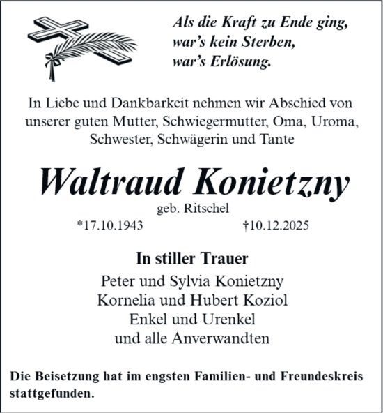 Traueranzeige von Waltraud Konietzny von Tageszeitung