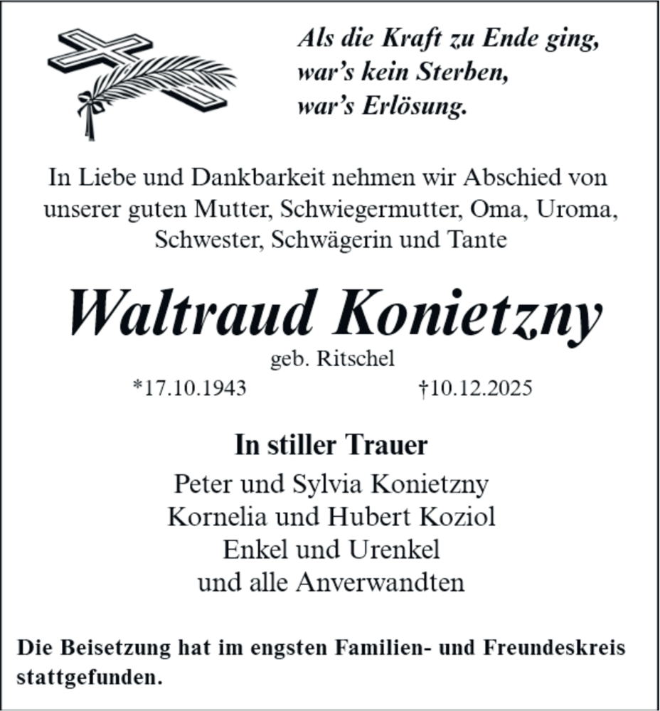  Traueranzeige für Waltraud Konietzny vom 20.12.2025 aus Tageszeitung