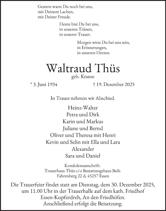 Traueranzeige von Waltraud Thüs von Tageszeitung