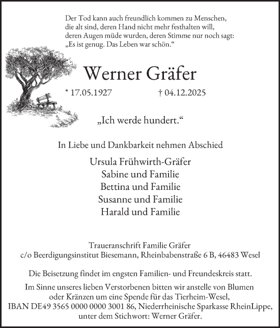 Traueranzeige von Werner Gräfer von Tageszeitung