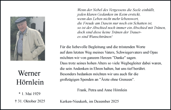 Traueranzeige von Werner Hörnlein von Tageszeitung