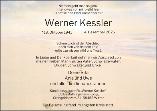 Traueranzeige von Werner Kessler von Tageszeitung