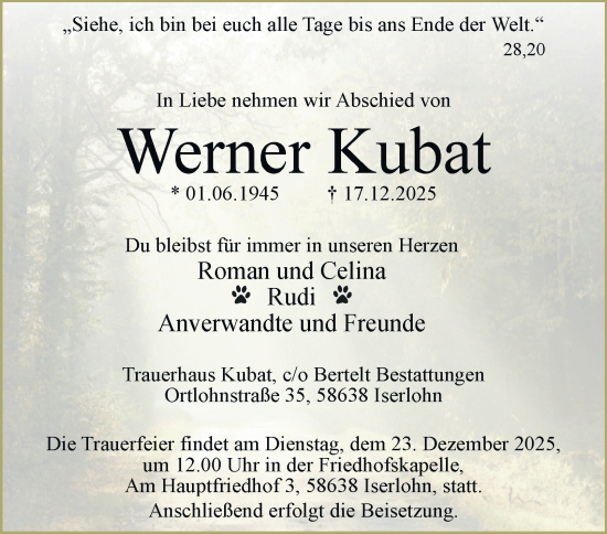 Traueranzeige von Werner Kubat von Tageszeitung