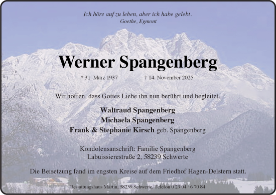 Traueranzeige von Werner Spangenberg von Tageszeitung