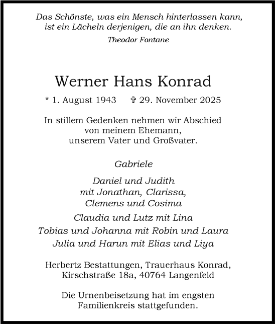 Traueranzeige von Werner Hans Konrad von Tageszeitung