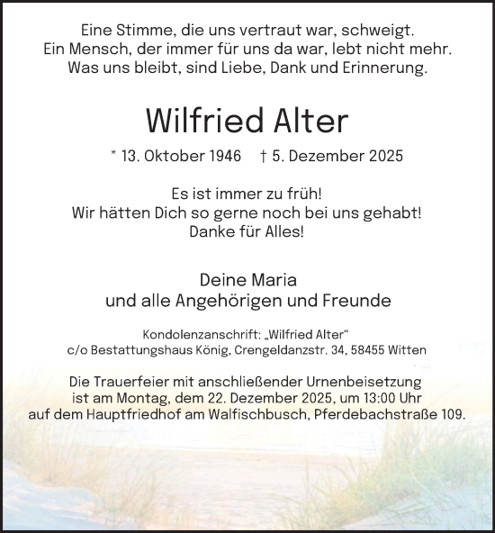 Traueranzeige von Wilfried Alter von Tageszeitung