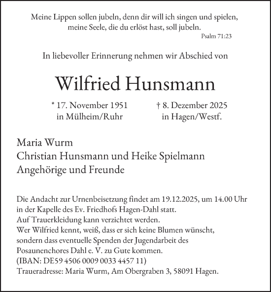 Traueranzeige von Wilfried Hunsmann von Tageszeitung