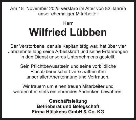 Traueranzeige von Wilfried Lübben von Tageszeitung