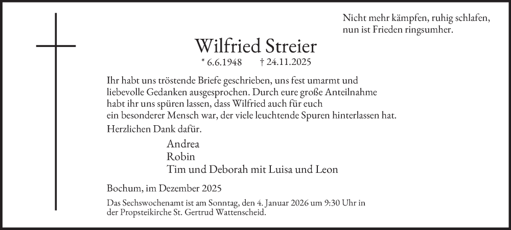  Traueranzeige für Wilfried Streier vom 27.12.2025 aus Tageszeitung
