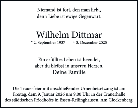 Traueranzeige von Wilhelm Dittmar von Tageszeitung