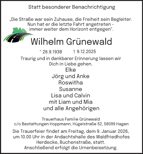 Traueranzeige von Wilhelm Grünewald von Tageszeitung