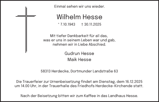 Traueranzeige von Wilhelm Hesse von Tageszeitung