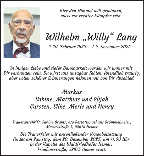 Traueranzeige von Wilhelm Lang von Tageszeitung