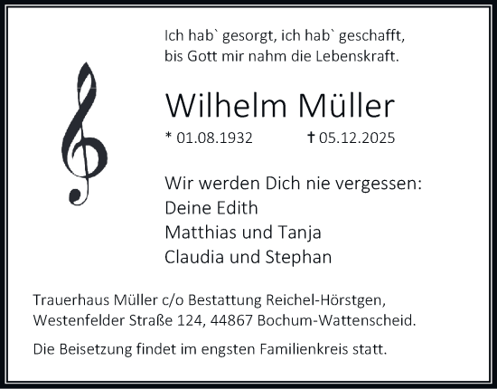 Traueranzeige von Wilhelm Müller von Tageszeitung