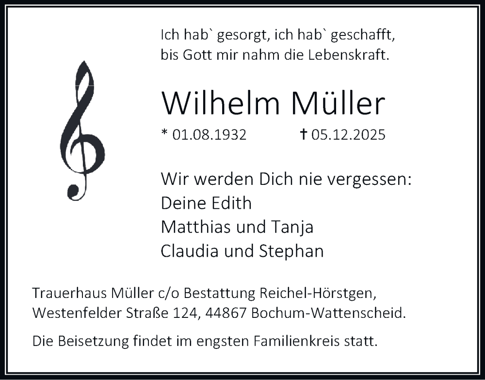  Traueranzeige für Wilhelm Müller vom 13.12.2025 aus Tageszeitung