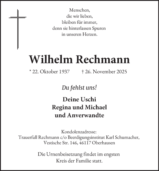 Traueranzeige von Wilhelm Rechmann von Tageszeitung