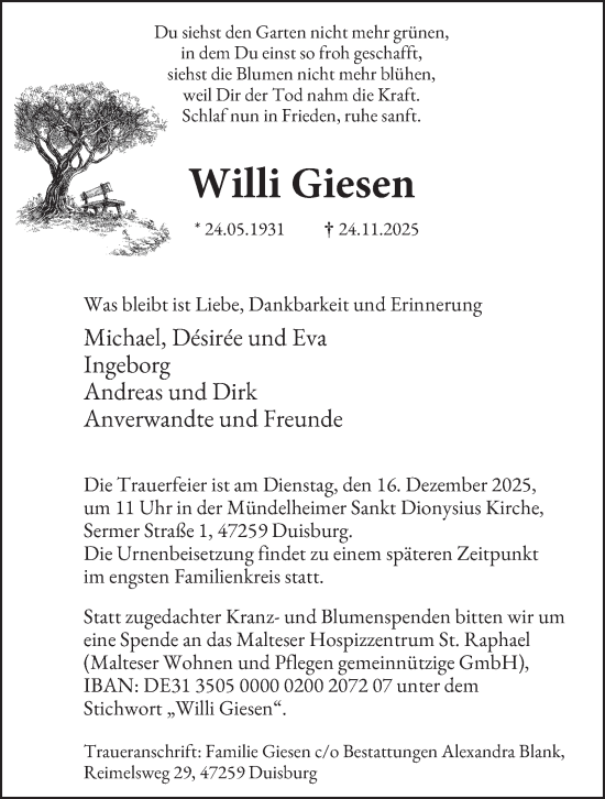 Traueranzeige von Willi Giesen von Tageszeitung