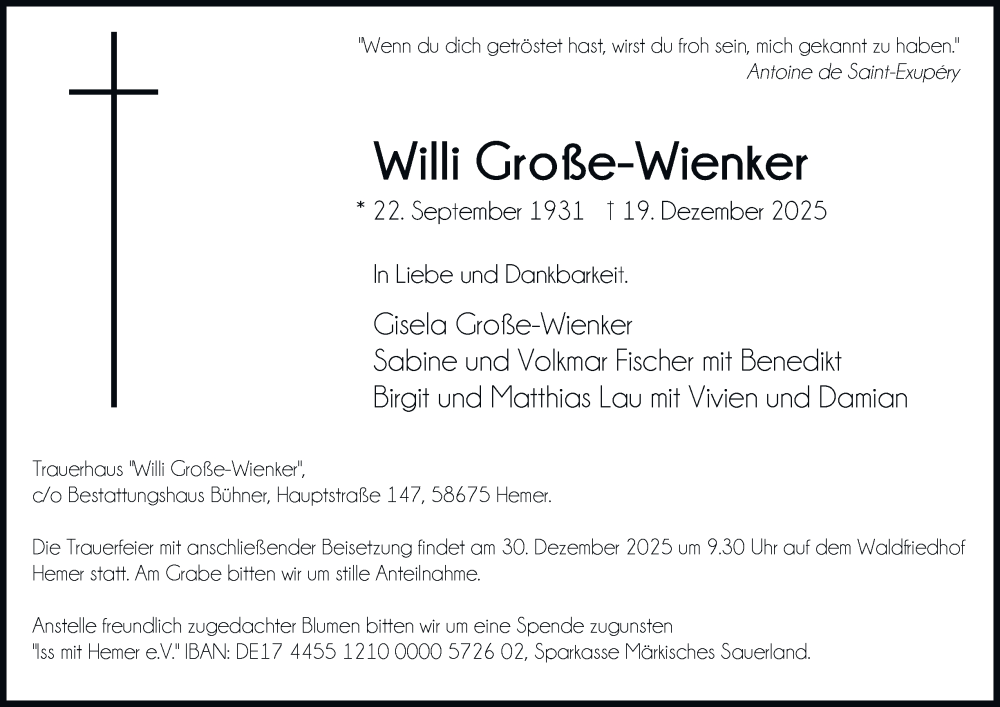  Traueranzeige für Willi Große-Wienker vom 27.12.2025 aus Tageszeitung