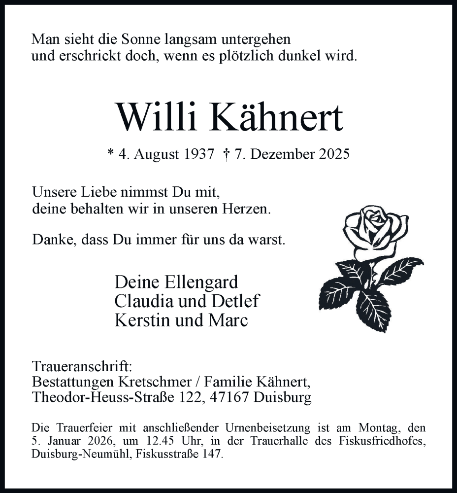  Traueranzeige für Willi Kähnert vom 27.12.2025 aus Tageszeitung