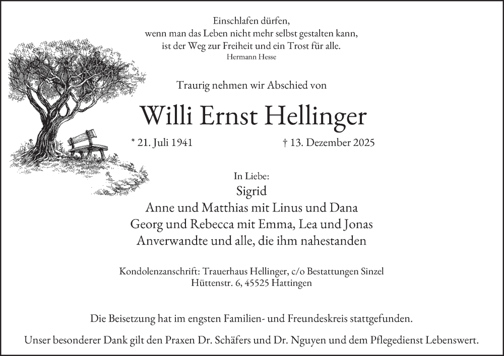  Traueranzeige für Willi Ernst Hellinger vom 20.12.2025 aus Tageszeitung