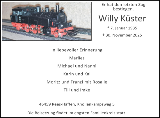 Traueranzeige von Willy Küster von Tageszeitung