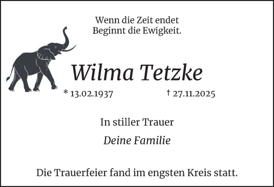 Traueranzeige von Wilma Tetzke von Tageszeitung
