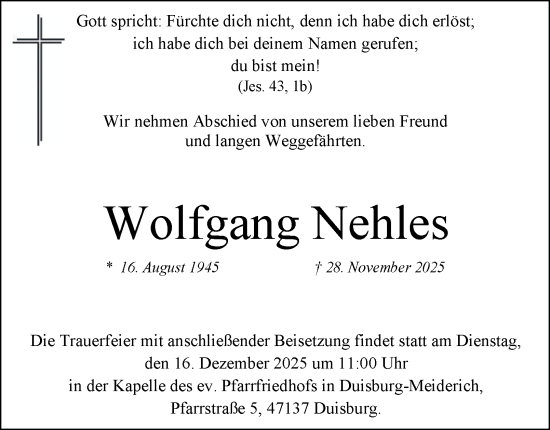Traueranzeige von Wolfgang Nehles von Tageszeitung