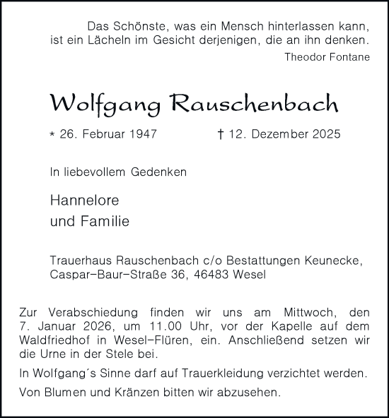 Traueranzeige von Wolfgang Rauschenbach von Tageszeitung