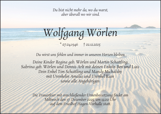 Traueranzeige von Wolfgang Wörlen von Tageszeitung