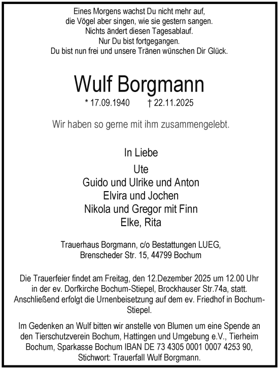 Traueranzeige von Wulf Borgmann von Tageszeitung
